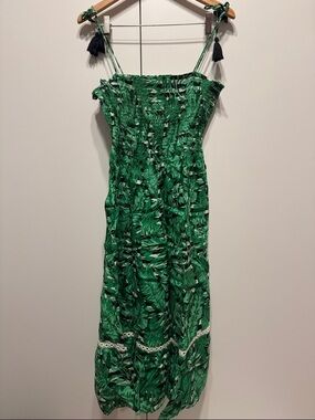 Kos Resort Green Tropical Print Maxi Dress with Tassel Straps